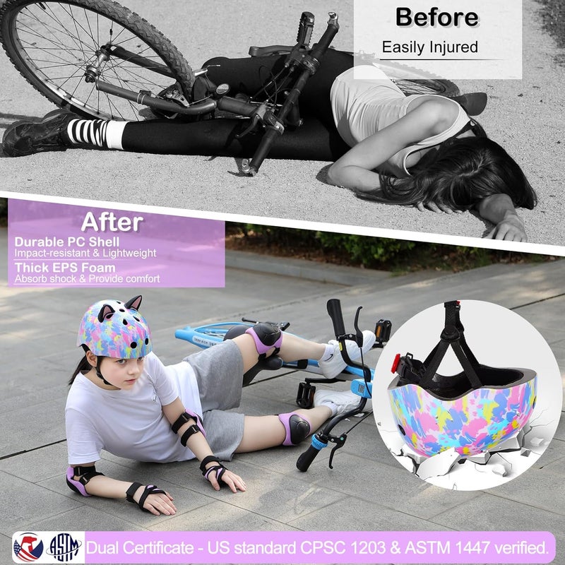 FIODAY Kids Helmet, Bike Helmets for Kids 8-14 with Knee Pads and Elbow Pads Wrist Guards, Adjustable Youth Girls Bike Helmet with DIY Cat Ears Skateboard Helmet for Scooter Skating Cycling - Image 3